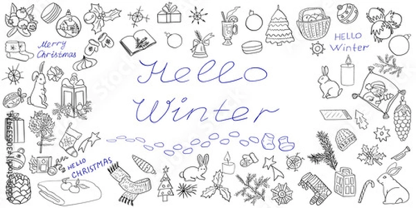 Fototapeta Set of elements for Christmas and New Year's doodle style. Isolated on a black background. The text for a Christmas design in the style of hand-drawing. Background for printing on fabric.