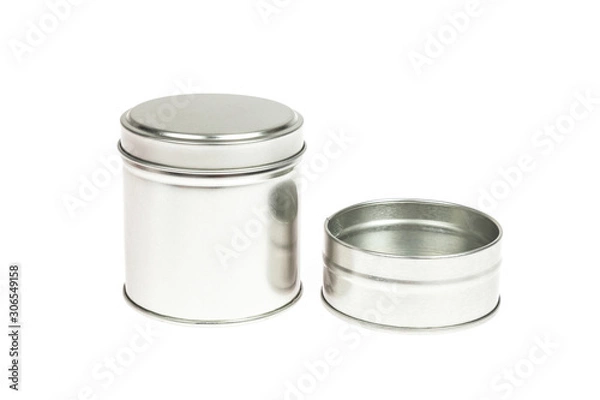 Obraz Metal container with lid, for multiple use; Photo on white background.