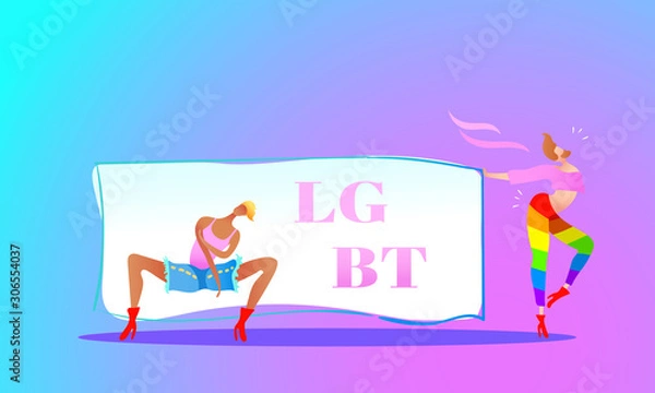 Fototapeta Vector illustration, trendy gay men on heels with a table and LGBT text. Flat cartoon style, neon background, different ethnicity. Applicable for LGBT, transgender rights concepts, flyers, posters.