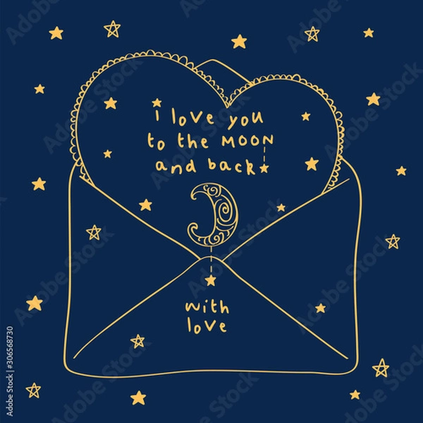 Fototapeta I love you to the moon and back. Simple greeting card with heart, moon and gold stars for Valentine's Day, Mother's Day, birthday, wedding. Vector.