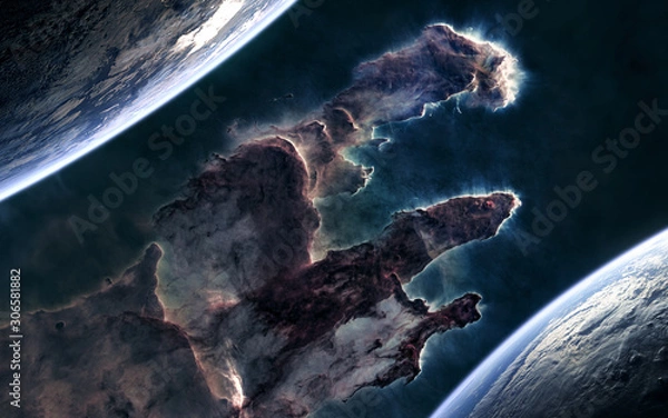 Fototapeta Planets on background of the Pillars of Creation. Deep space. Science fiction. Elements of this image furnished by NASA