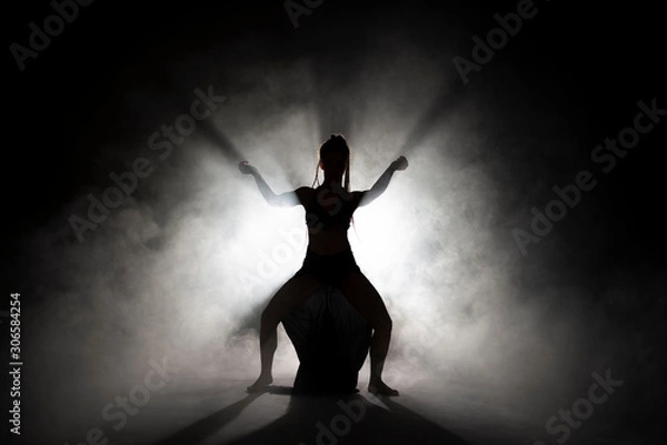 Fototapeta Silhouette dancer woman performing dance figures in fog.