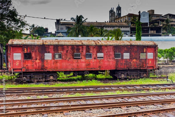 Fototapeta Rusty old train red compartment 