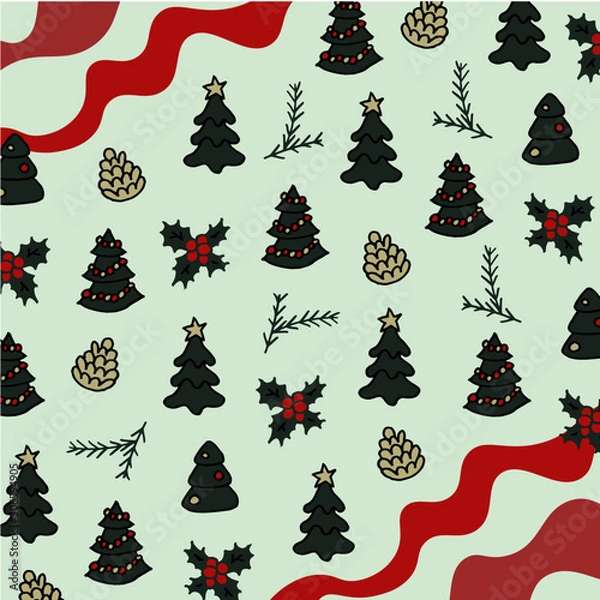 Fototapeta Christmas grey background in doodle style with  ribbons, Christmas trees, cones, branches and holly. For decorations or gift paper.