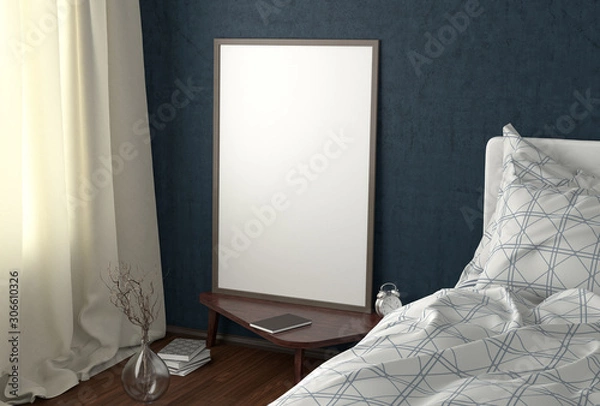 Fototapeta Vertical poster mock up on the night table in bedroom with blue wall. Clipping path around poster. 3d illustration