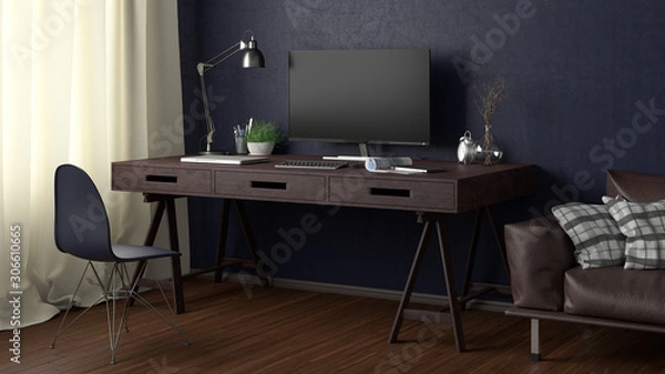 Fototapeta Desk with computer monitor. Workplace in the studio or at home with blue wall. Clipping path around display. 3d illustration