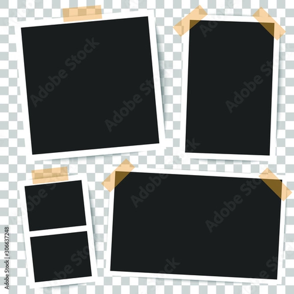 Fototapeta Realistic photo frame. Collection family photo on wall, retro memory album. Scrapbook decor elements. Memory print photo.
