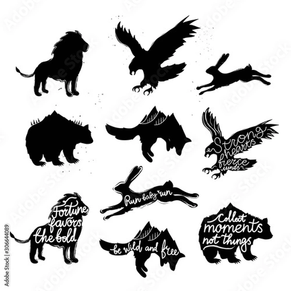 Fototapeta Vector collection of wild animal silhouettes. Bear, fox, eagle, hare and lion.