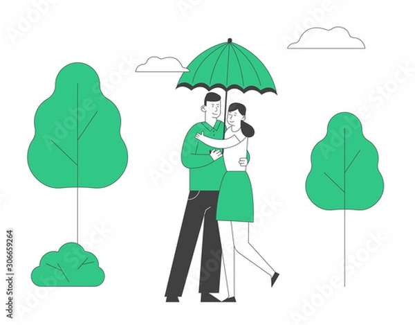 Fototapeta Love, Romantic Relations. Man and Woman Dating, Loving Happy Couple Hugging and Walking under Umbrella in Park at Rainy Weather. Fall Day Promenade Together. Cartoon Flat Vector Illustration, Line Art