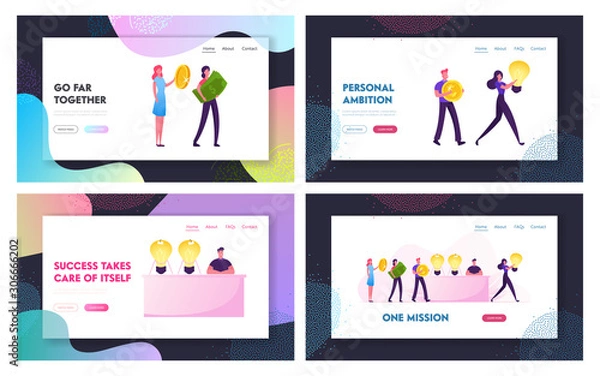 Fototapeta Cost of Innovations Website Landing Page Set. People Buy and Sell Ideas. Business Transaction Light Bulb and Money. Inventor Selling Glowing Lamps Web Page Banner. Cartoon Flat Vector Illustration