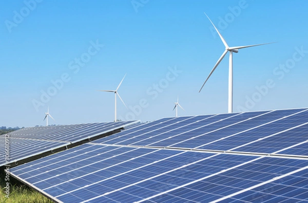Fototapeta Solar panels and wind turbines generating electricity is solar energy and wind energy in hybrid power plant systems station use renewable energy to generate electricity with blue sky 