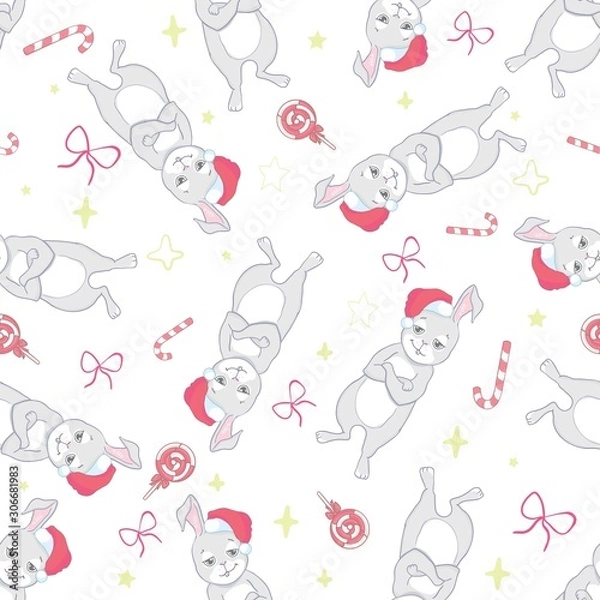 Fototapeta Cute rabbit with santa hat and giftbox seamless pattern. Cute Christmas holidays cartoon character background.