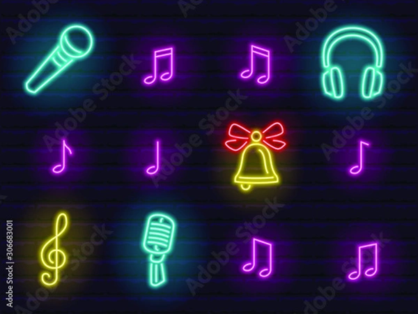 Fototapeta collection of colorful neon web signs and icons of music theme