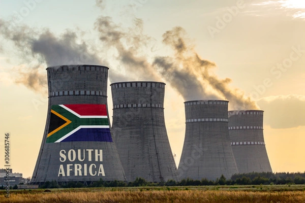 Fototapeta Nuclear plant chimneys displaying flag of South Africa with according text. Energy pollution accidents in the country concept. Power production and generation from atomic energy.