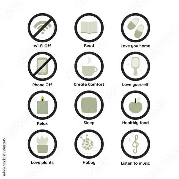 Obraz Flat vector set of icons in hygge style. Set of icons of comfort and coziness.
