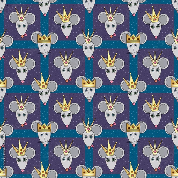 Obraz Rat characters vector seamless pattern. Mouse animals with crowns. Hand drawn cartoon funny pets background.