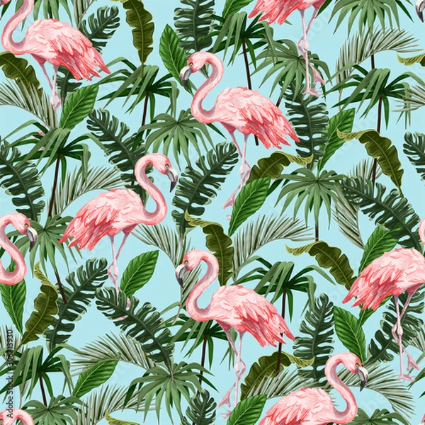 Fototapeta Seamless pattern with flamingo and tropical leaves. Vector.