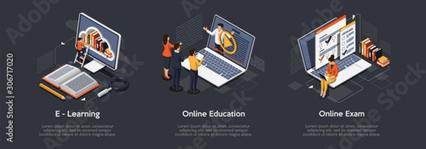 Fototapeta Izometryczny zestaw koncepcji edukacji. E-learning, edukacja online, egzamin online.