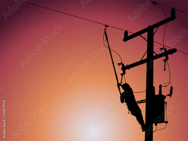 Fototapeta Silhouette of power lineman closing a single phase transformer on energized high-voltage electric power lines.