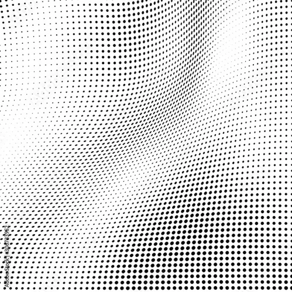 Fototapeta Abstract wave of halftone texture. Chaotic background of black dots on a white field. Template for printing on wrapping paper