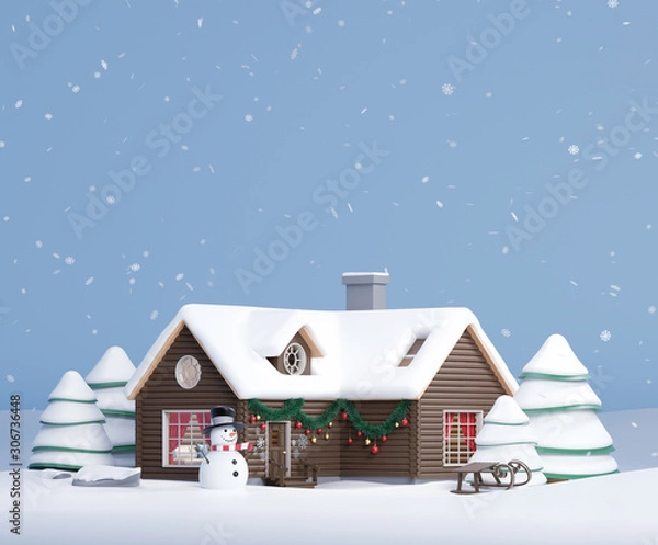 Obraz Abstract winter home with snowman in front, christmas decorated stylized house, 3D Rendering, 3D Illustration