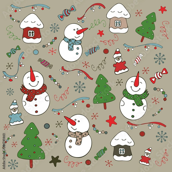 Fototapeta A set of New Year objects on a sand background. Snowmen, houses, snowflakes, Christmas trees
