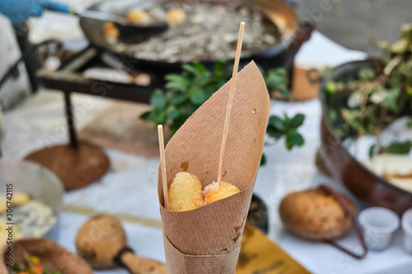 Obraz Arrubiolus, sardinian sweet or salad finger food, made by fried seada cheese