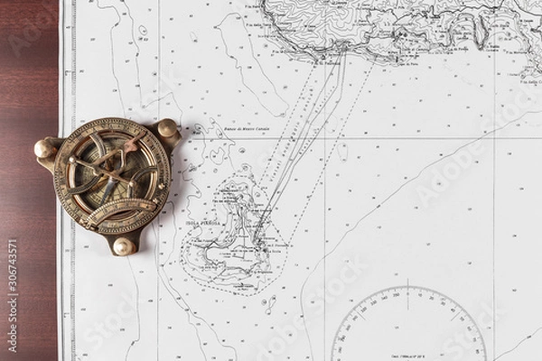 Fototapeta Nautical chart with compass, nautical concept