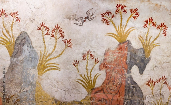 Fototapeta Springtime Fresco with trees, lilies flowers and swallows from palace of Minoan Settlement at Akrotiri on Santorini island, Cyclades, Greece