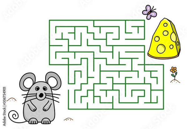 Fototapeta Maze game with cartoon mouse and cheese. Kids education. Color template design with pet on white background. Line art vector