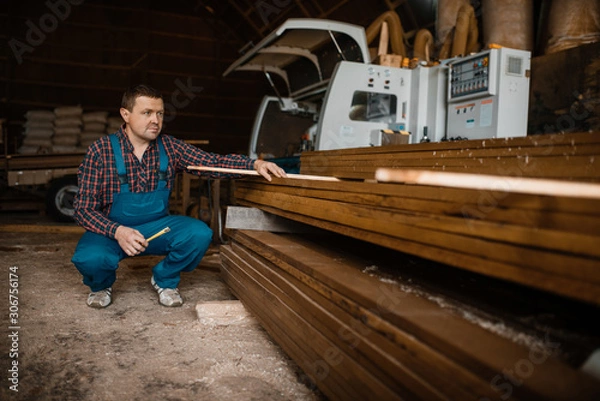 Fototapeta Carpenter in uniform at his workplace on sawmill