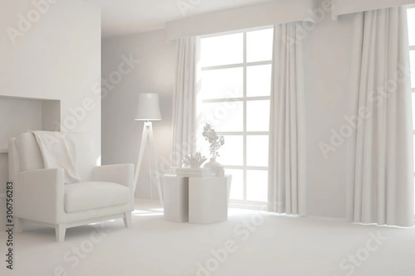 Obraz Mock up of stylish room in white color with armchair. Scandinavian interior design. 3D illustration