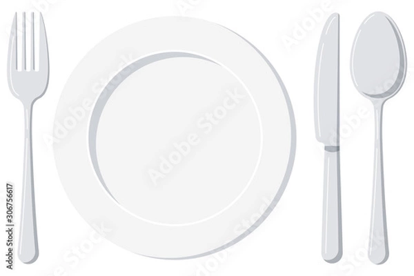 Fototapeta Empty white plate with spoon, knife and fork isolated on a white background.