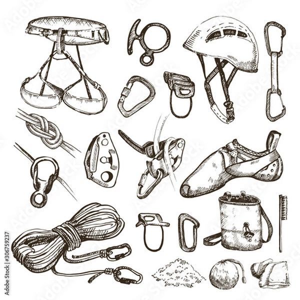 Obraz Hand drawn climbing equipment set. 
