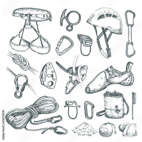 Obraz Hand drawn climbing equipment set. 