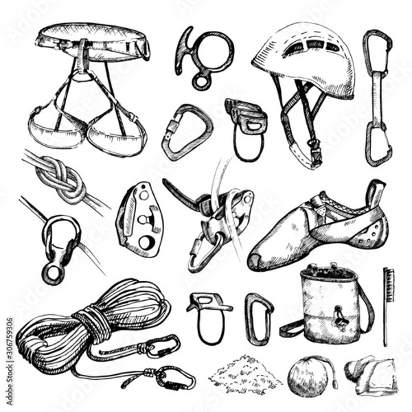 Obraz Hand drawn climbing equipment set. 