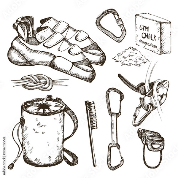 Obraz Hand drawn climbing equipment set. 