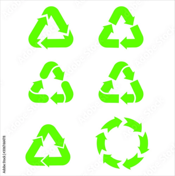 Fototapeta Green recycle icon in triangle. Recycle Recycling set symbol vector. Eco cirle icon. Green arows on isolated background. Vector garbage symbols. Logo elements. Clean planet.