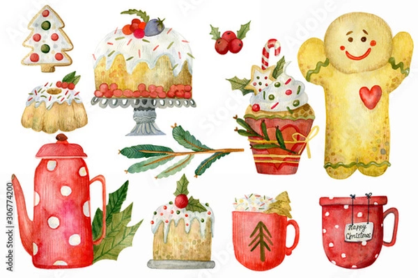 Fototapeta New Year or Christmas holidays elements on white background. Isolated elements with clipping path hand drawn watercolor illustration. Dessert, teapot, cup, cake, christmas cupcake.