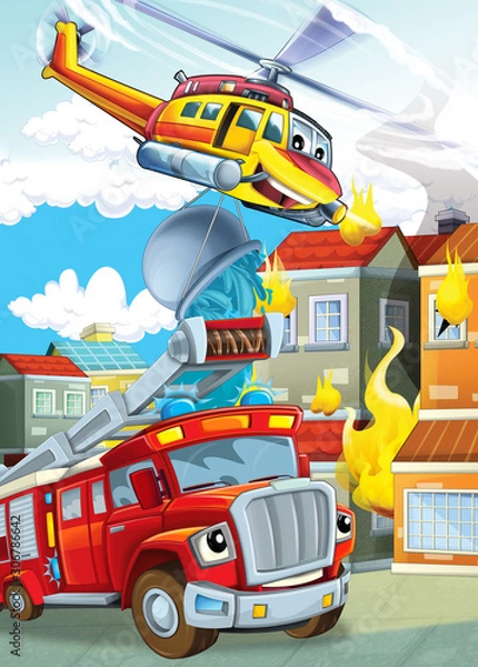 Fototapeta cartoon stage with different machines for firefighting helicopter and fire truck colorful scene illustration for children