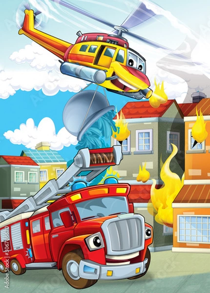Fototapeta cartoon stage with different machines for firefighting helicopter and fire truck colorful scene illustration for children