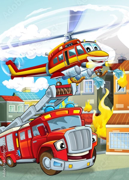 Fototapeta cartoon scene with different fire fighter machines helicopter and fire brigade truck illustration for children