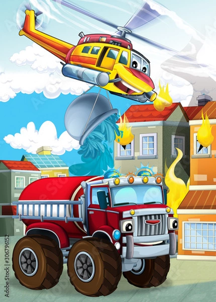 Fototapeta cartoon scene with different fire fighter machines helicopter and fire brigade truck illustration for children