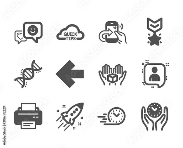 Fototapeta Set of Technology icons, such as Smile, Quick tips, Safe time, Printer, Startup rocket, Fast delivery, Hold box, Winner medal, Chemistry dna, Developers chat, Left arrow, Share call. Vector