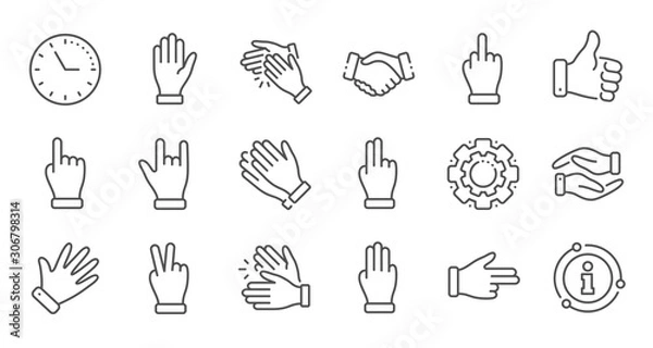 Fototapeta Hand gestures line icons. Handshake, Clapping hands, Victory. Horns, Thumb up finger, drag and drop icons. Donation hand gestures, middle finger, helping hand. Linear set. Quality line set. Vector