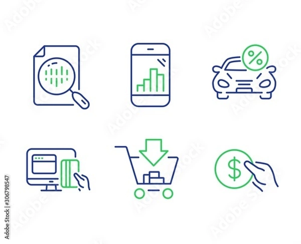 Fototapeta Shopping, Car leasing and Online payment line icons set. Graph phone, Analytics chart and Payment signs. Add to cart, Transport discount, Money. Mobile statistics. Finance set. Vector