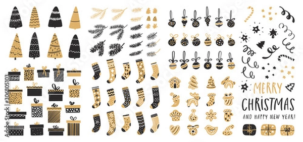 Fototapeta Set of Christmas elements for typographic design. Christmas trees, balls, gifts, gingerbread, socks, pine cones and fir branches. Vector illustration in black and gold style