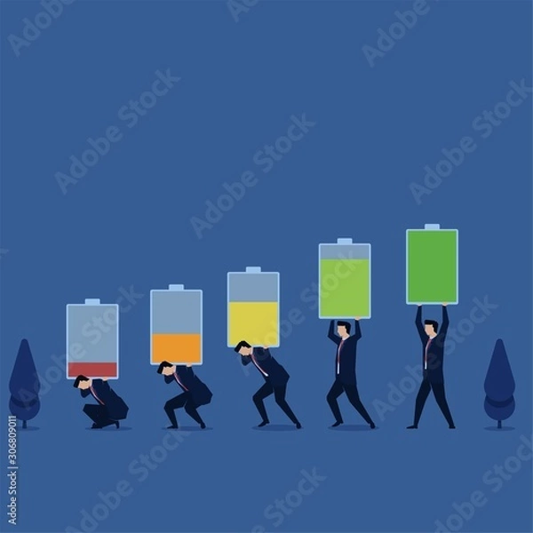 Obraz Business flat vector concept man carry battery power from low to full metaphor of business energy.