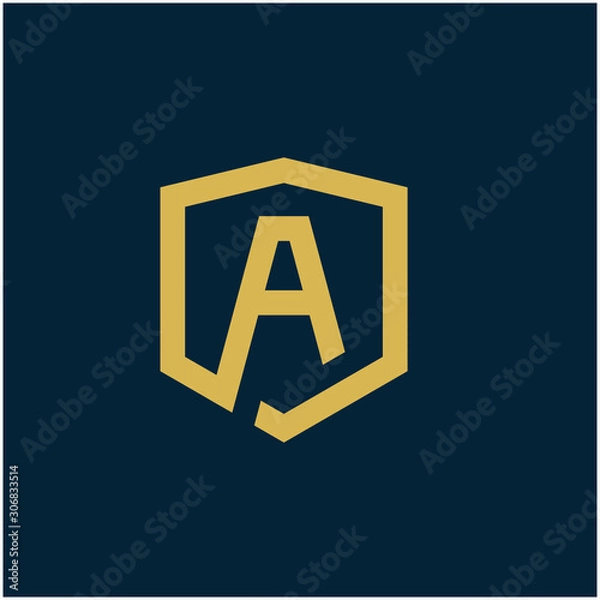 Fototapeta initial Letter A with Shield frame line art element. Shield Line geometry  for Security logo. Logo Icon Template for Web and Business Card, Letter Logo Template on Black Background. - vector