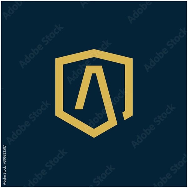 Fototapeta initial Letter A with Shield frame line art element. Shield Line geometry  for Security logo. Logo Icon Template for Web and Business Card, Letter Logo Template on Black Background. - vector
